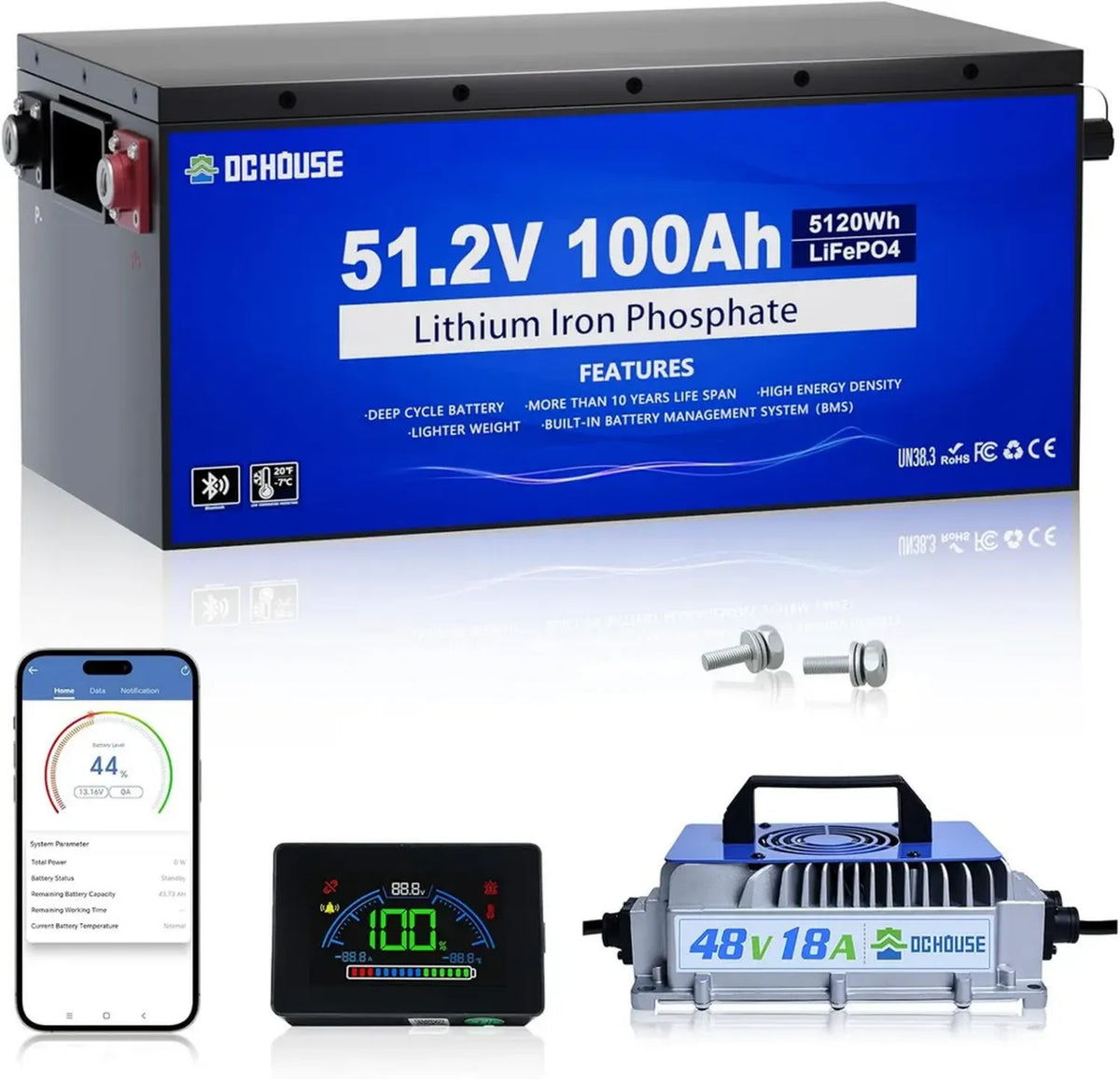 Batterie Lithium 48V 100AH avec Chargeur 18A et BMS Bluetooth, Idéale pour Voiturette de Golf, Protection contre Basse Température