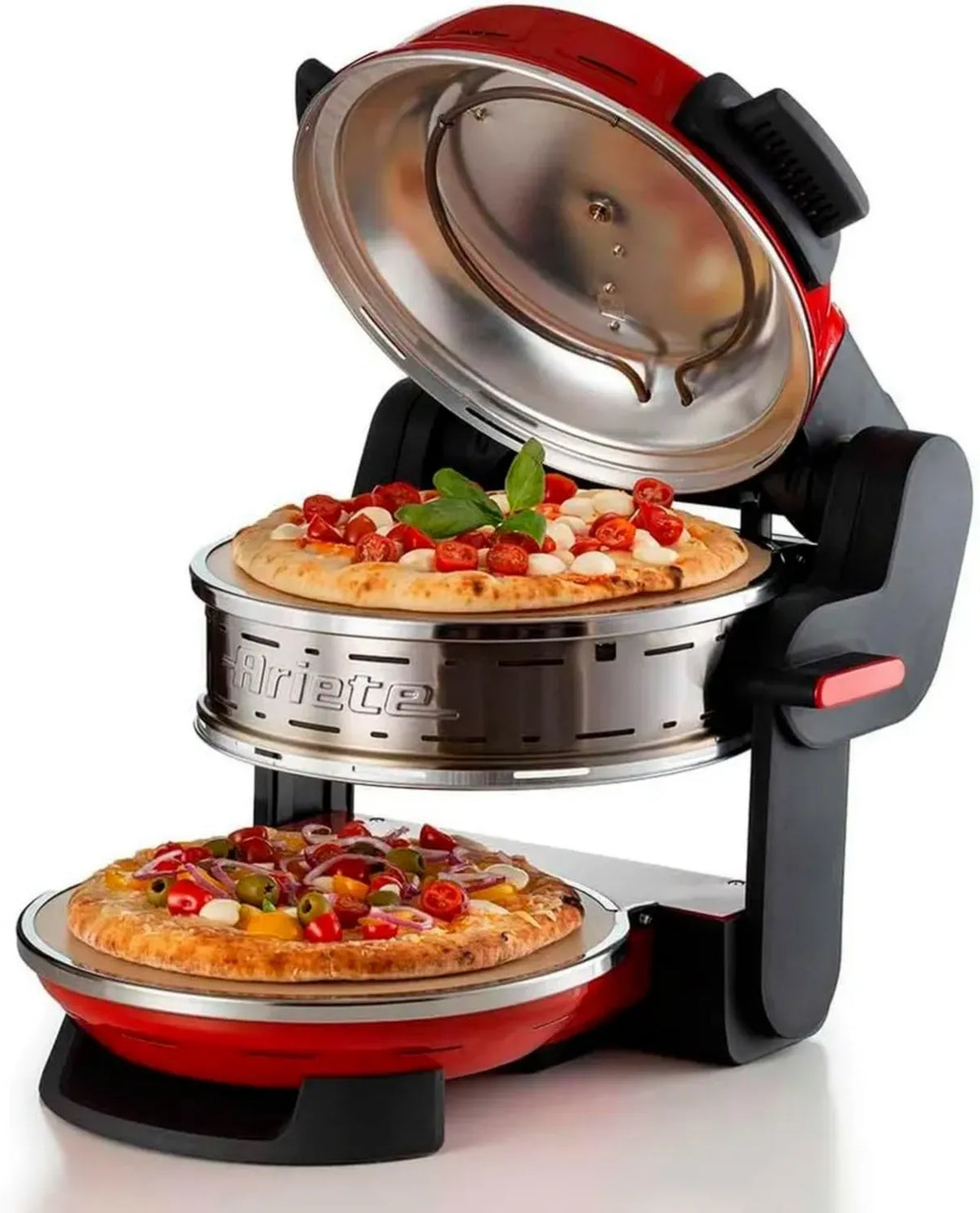 Four à Pizza Double Ariete 927, 5 Modes de Cuisson, 2 Plaques Réfractaires Antiadhésives, Lames en Bois Incluses, Jusqu'à 400°C, Thermostats Indépendants, Diamètre 32 cm, 2300W, Rouge