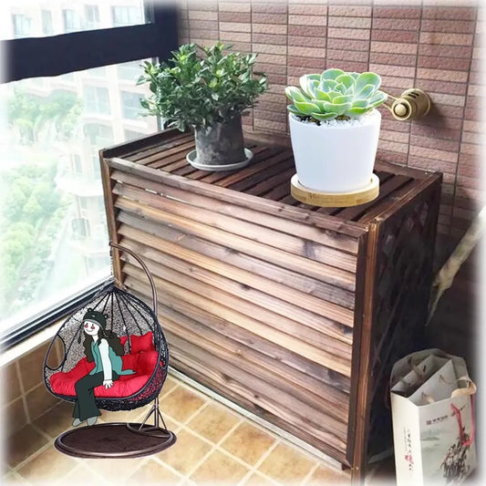 Enceinte pour Climatiseur de Fenêtre en Bois Massif, Étagère Résistante aux Intempéries et à la Poussière, Multifonctionnelle pour Poubelles et Plantes