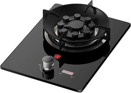 Table de cuisson gaz 1 brûleur 5,0 kW avec support en fonte et sécurité anti-flammes, verre trempé noir