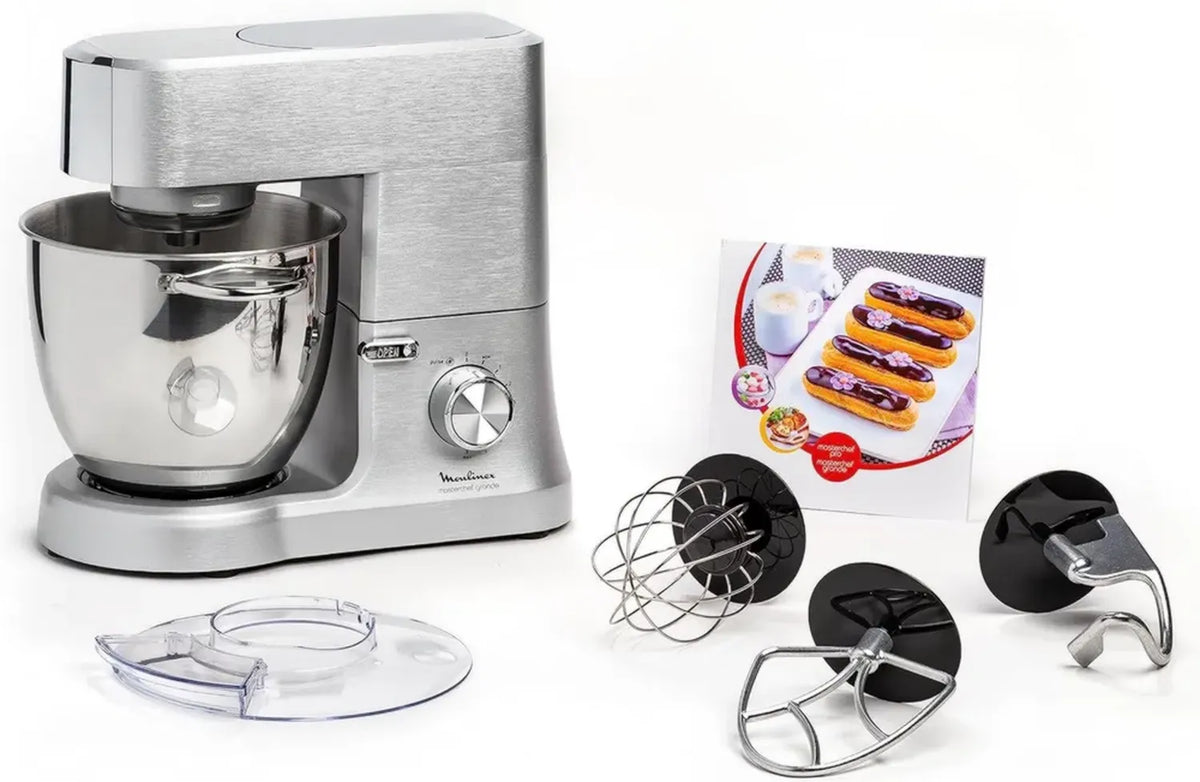 Robot pâtissier Moulinex 1500W, Bol inox 6,7L, 10 vitesses, Aluminium, Kit premium