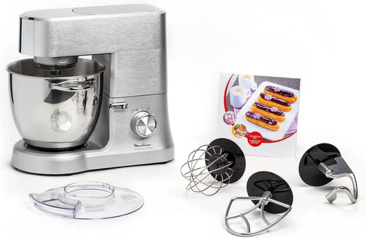 Robot pâtissier Moulinex 1500W, Bol inox 6,7L, 10 vitesses, Aluminium, Kit premium