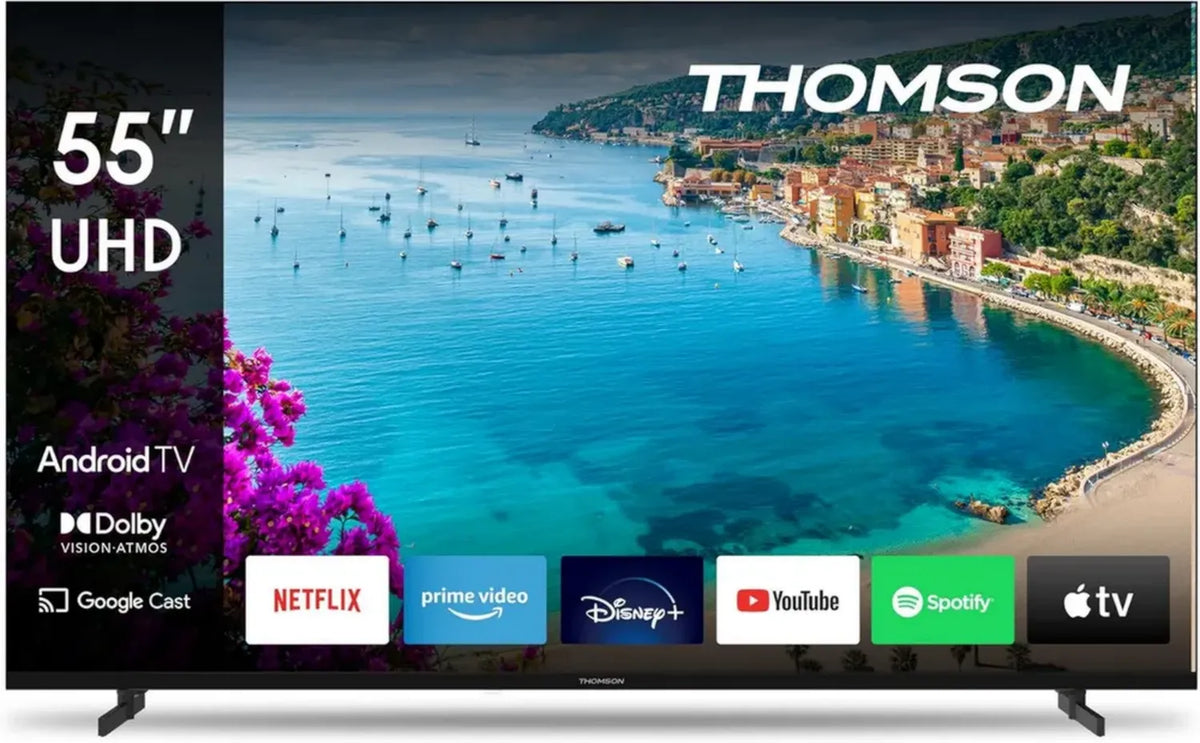 THOMSON Téléviseur 4K UHD 55' Smart Android, Assistant Google, Wi-Fi, Dolby Digital, Bluetooth, Triple Tuner, HDMI, CI+, A+
