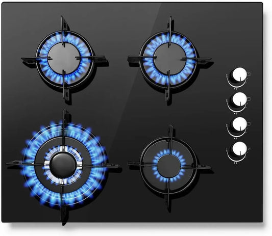 Plaque de Cuisson à Gaz 4 Feux - Sécurité Thermocouple - Gaz Naturel et Propane - 8,0 kW - Design Noir - 220-240 V