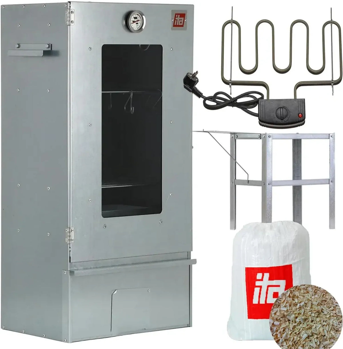 Fumoir Électrique 7000 ITA - Smoker avec Chauffage et Plateau, Armoire à Fumer avec Fenêtre et Thermomètre - Acier de Haute Qualité - Normes Européennes - 81 cm, 3 Niveaux