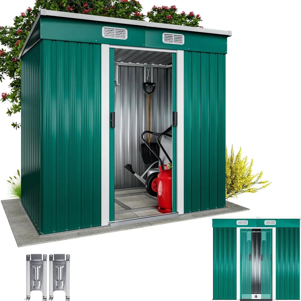 Abri de Jardin Métallique 2m² avec Porte Coulissante Verte - 200x125x185cm