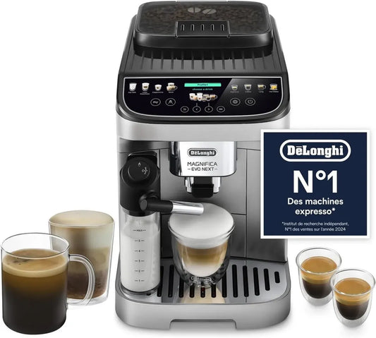 Machine à Café Automatique De'Longhi Magnifica Evo - 13 Boissons, Mousseur à Lait LatteCrema, Écran Tactile, Argent/Noir