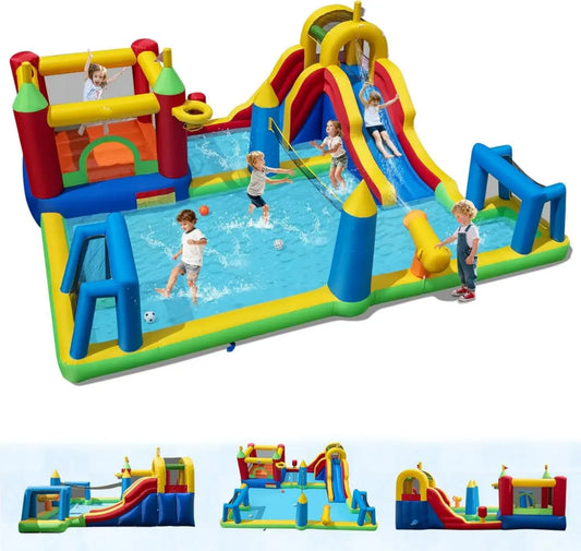 Château Gonflable 6-en-1 avec Toboggan, Mur d'Escalade, Piscine et Activités Sportives pour Enfants