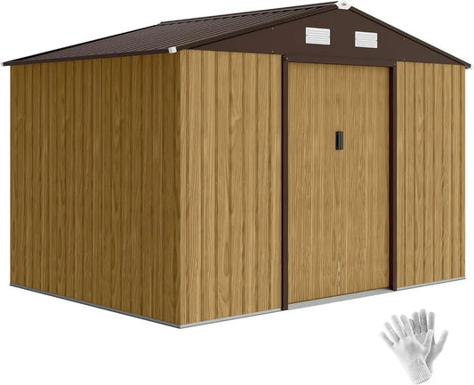 Outsunny Cabane de Jardin Métallique 4,9 m² avec Porte Coulissante et Ventilation, Idéale pour Outils, Marron Clair