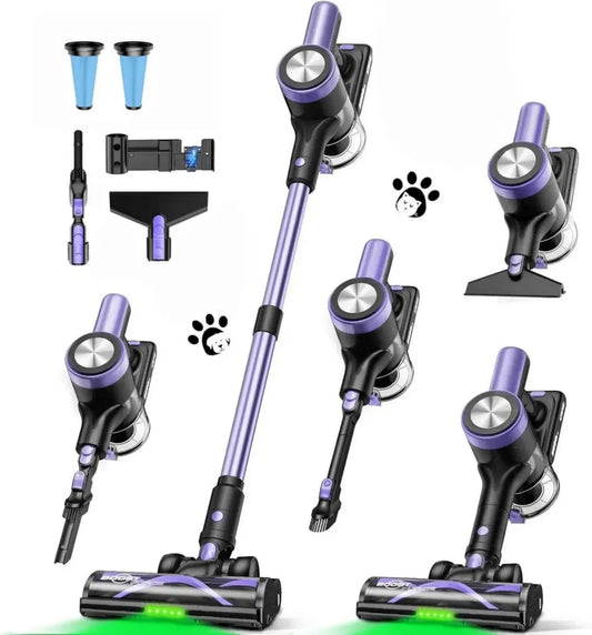 Aspirateur sans fil puissant 500W, autonomie 55min, avec station murale et écran LED, idéal pour animaux, tapis et sols durs, violet