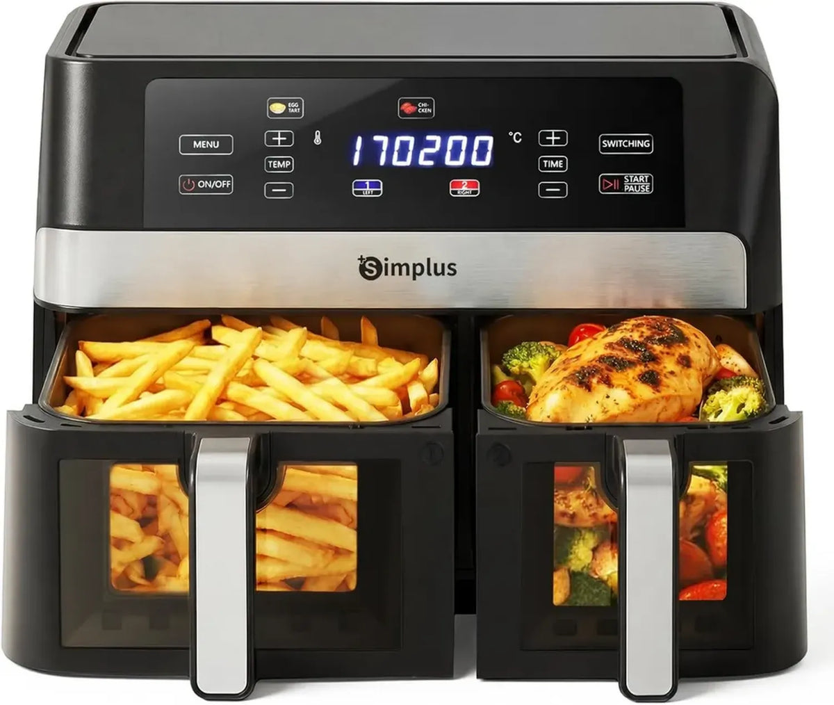 Friteuse à Air et Vapeur SIMPLUS, Double Panier, 10L, 11 Modes, Jusqu'à 90% Moins de Graisse, Contrôle Température Indépendant, Noir