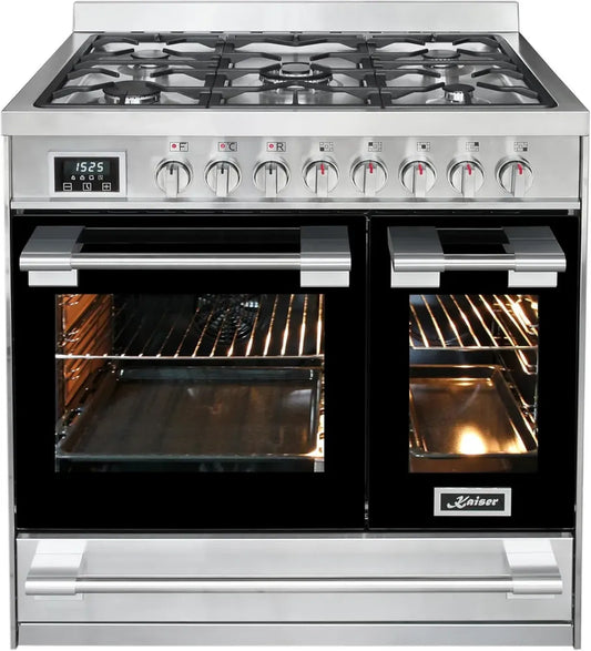 Fourneau Kaiser HGE 93201 R en Acier Inoxydable avec Double Four Électrique, 115 L, 90 cm, 8 Fonctions, 5 Brûleurs à Gaz pour WOK