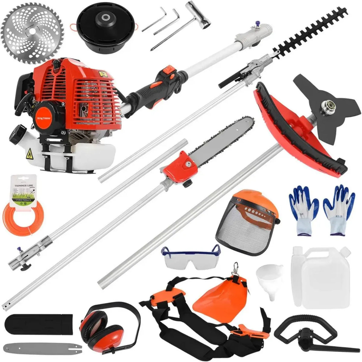 Outil Multifonction Thermique 5 en 1 pour Jardin, 52 cm³ 2 Temps, Débroussailleuse et Taille-Haie avec Accessoires, 180 cm (Orange)