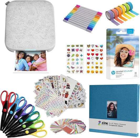 HP Sprocket Imprimante Photo 3x4 avec Accessoires Complets : 50 Feuilles Papier Zink, Ciseaux, Album Scrapbooking, Marqueurs, Autocollants